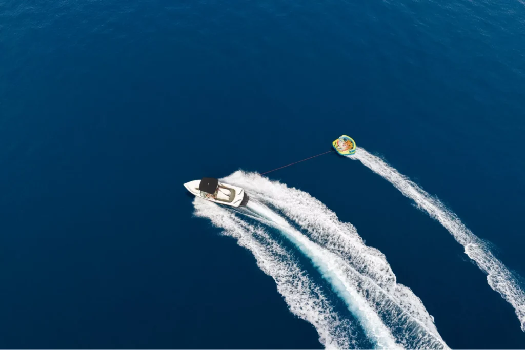 corfu ski club boat with sofa in the sea